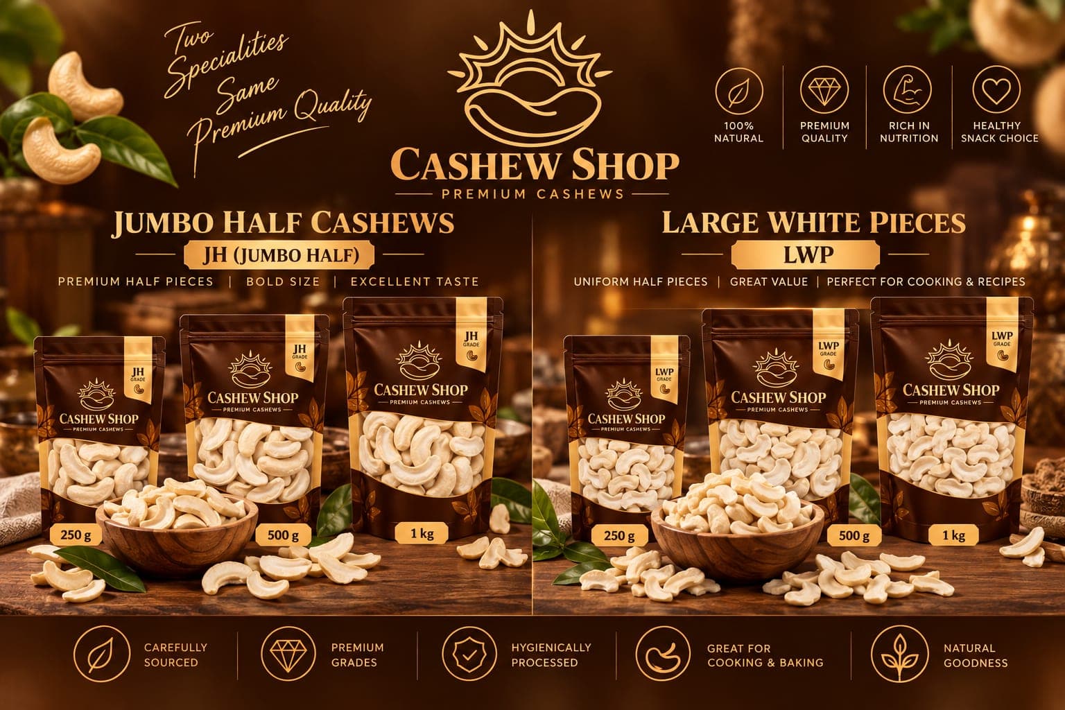 Graded whole cashew kernels ready for wholesale dispatch